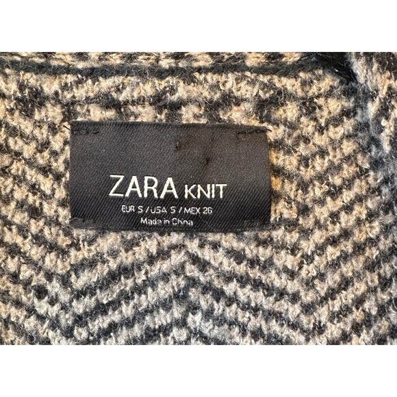 ZARA Sweater Cardigan Small Herringbone Dark Brown Black Open Front Black Trim - Picture 7 of 9